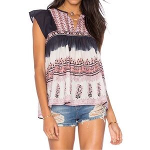 Ulla Johnson Dawn Blouse Cotton Top Block Print Ombré Sleeveless Flowy Tassel